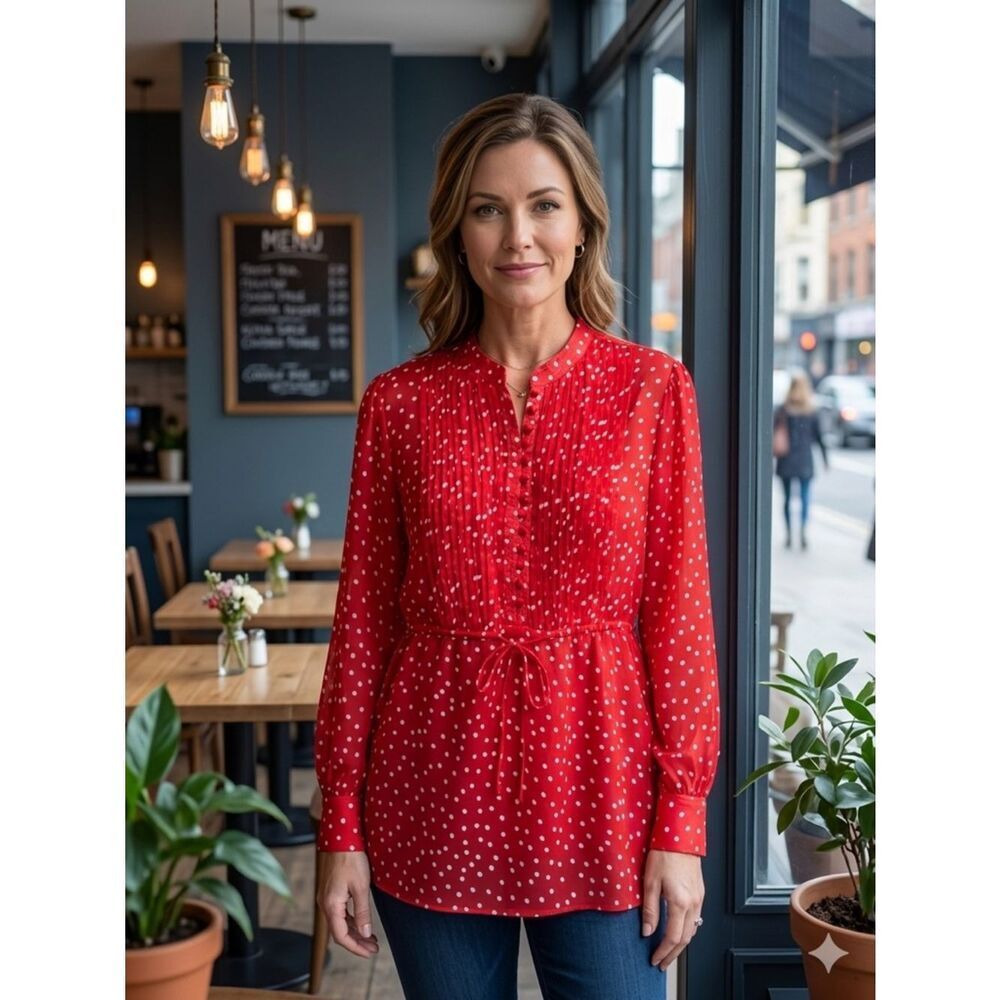 Take 50% OFF- George Red Polka Dot Pintuck Tie-Waist Tunic, Size-XL